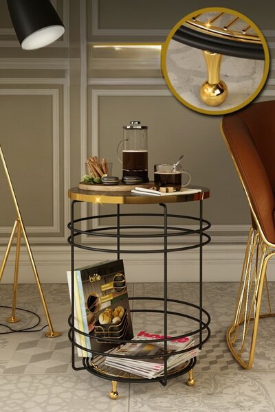 Yuvarlak Kafes Metal Yan Sehpa - Gold, Black