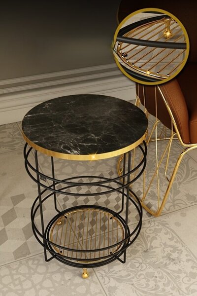 Yuvarlak Kafes Metal Yan Sehpa - Gold, Black