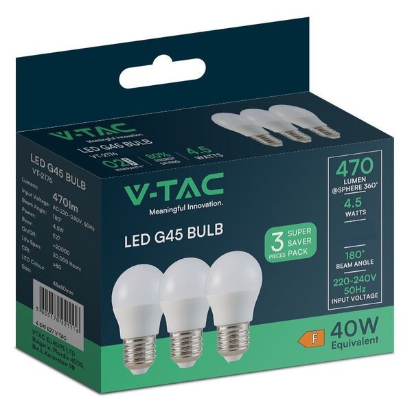 V-TAC 4.5W E27 hideg fehér G45 LED égő csomag (3 db) - SKU 217364