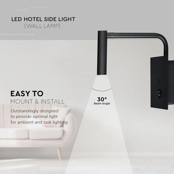 V-TAC fali LED COB olvasólámpa kapcsolóval és USB porttal fekete 3W meleg fehér, fekete - SKU 1487