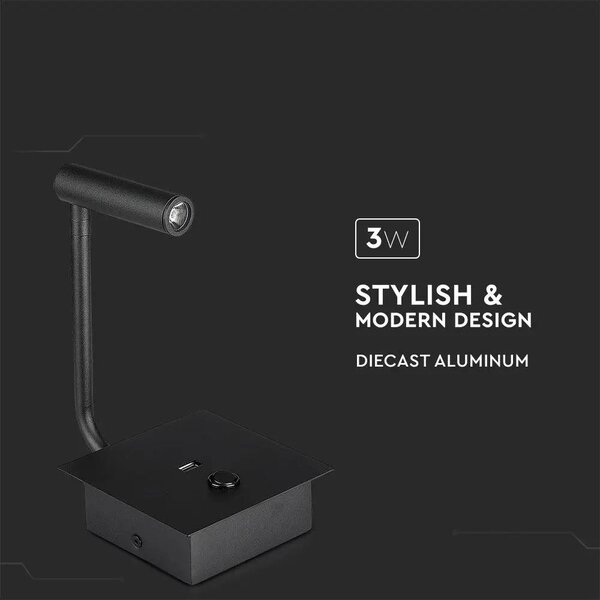 V-TAC fali LED COB olvasólámpa kapcsolóval és USB porttal fekete 3W meleg fehér, fekete - SKU 1487