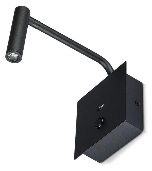V-TAC fali LED COB olvasólámpa kapcsolóval és USB porttal fekete 3W meleg fehér, fekete - SKU 1487