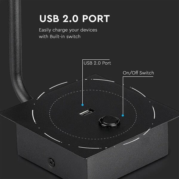 V-TAC fali LED COB olvasólámpa kapcsolóval és USB porttal fekete 3W meleg fehér, fekete - SKU 1487