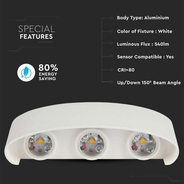 V-TAC 6W kültéri fehér fali LED lámpa természetes fehér - SKU 8614