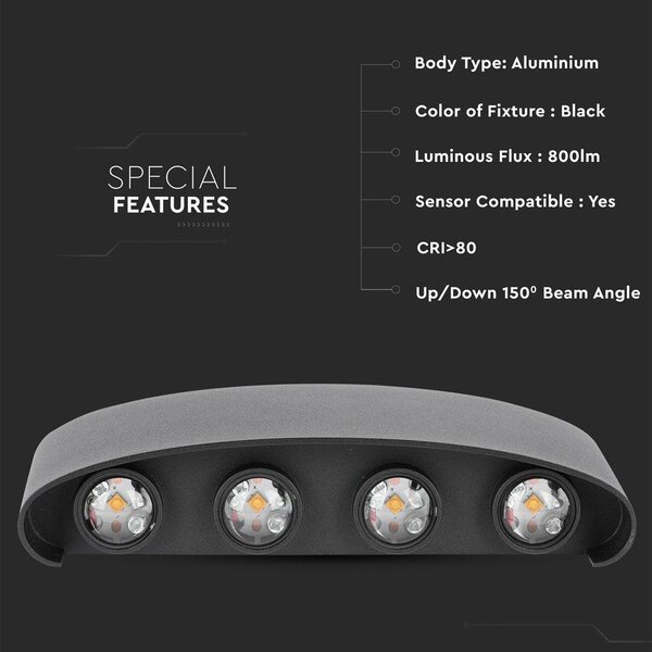 V-TAC 8W kültéri fekete fali LED lámpa meleg fehér - SKU 8619