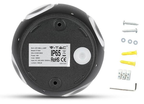 V-TAC 4W kültéri, fekete, fali LED lámpa meleg fehér - SKU 8553