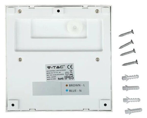 V-TAC 3W fehér LED lépcsővilágítás, szögletes, IP65, meleg fehér - SKU 1402