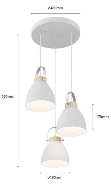 Lamkur Bergen függő világítás, 3 izzós, kerek, fehér, dimmelhető, Fehér / opál, Nappali / Étkező, fém, Modern