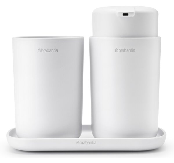 Brabantia ReNew 3db-os fürdőszobai pipere csomag - pumpás folyékonyszappan adagoló, fogkefetartó, pipere tálca, műanyag, fehér - 280382