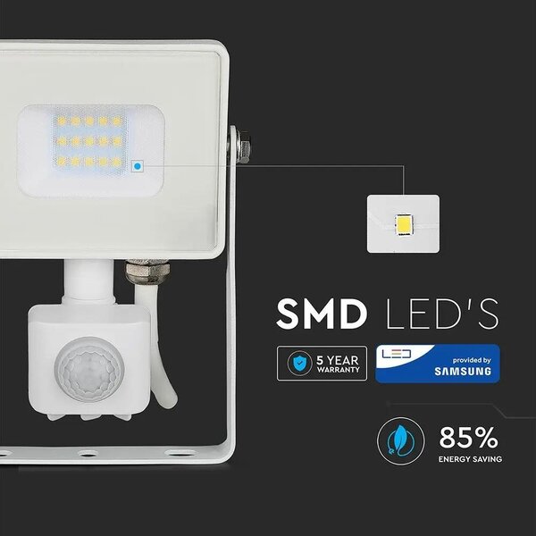 V-TAC mozgásérzékelős fehér házas LED reflektor 10W meleg fehér Samsung chip - SKU 433
