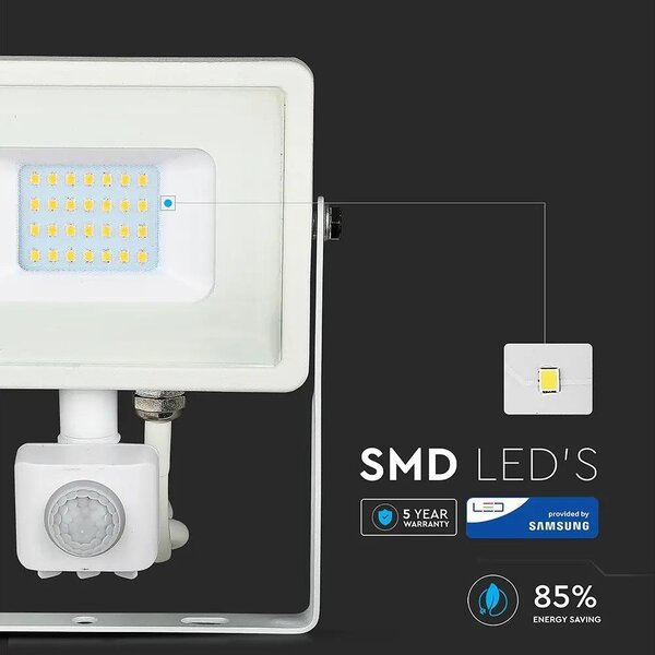V-TAC mozgásérzékelős LED reflektor 20W meleg fehér Samsung chip - SKU 448