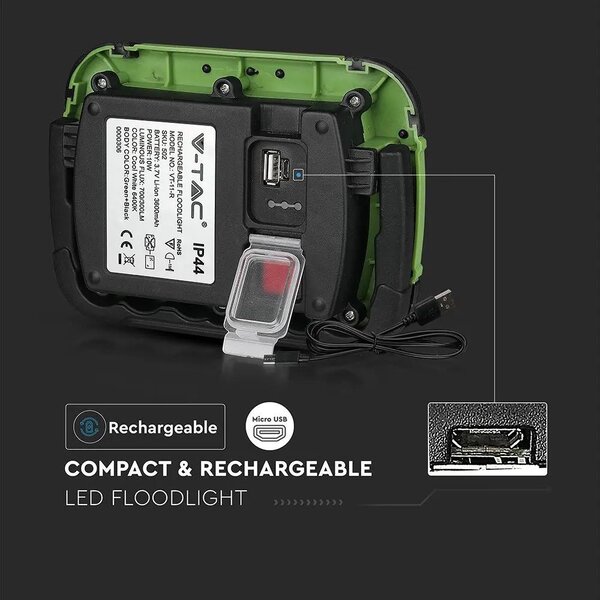 V-TAC akkumulátoros LED reflektor 10W természetes fehér 3600 mAh SOS funkció - SKU 20037