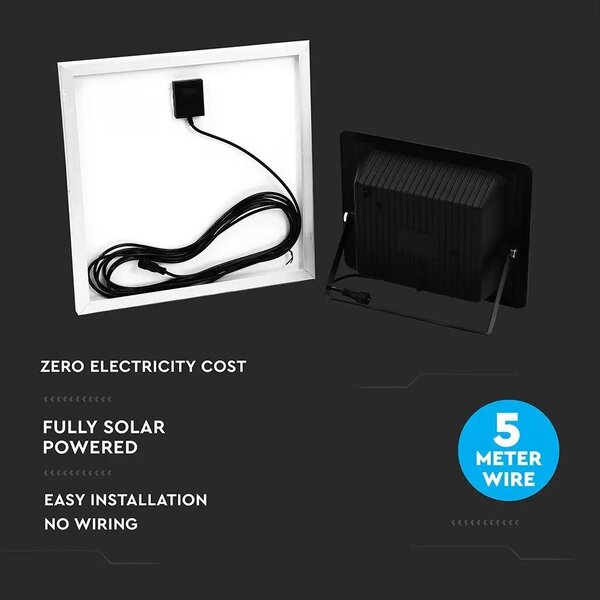 V-TAC napelemes LED reflektor 20W hideg fehér 10000 mAh, fekete házzal - SKU 94010