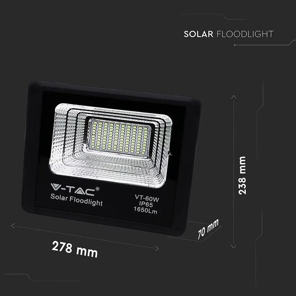 V-TAC napelemes LED reflektor 20W hideg fehér 10000 mAh, fekete házzal - SKU 94010