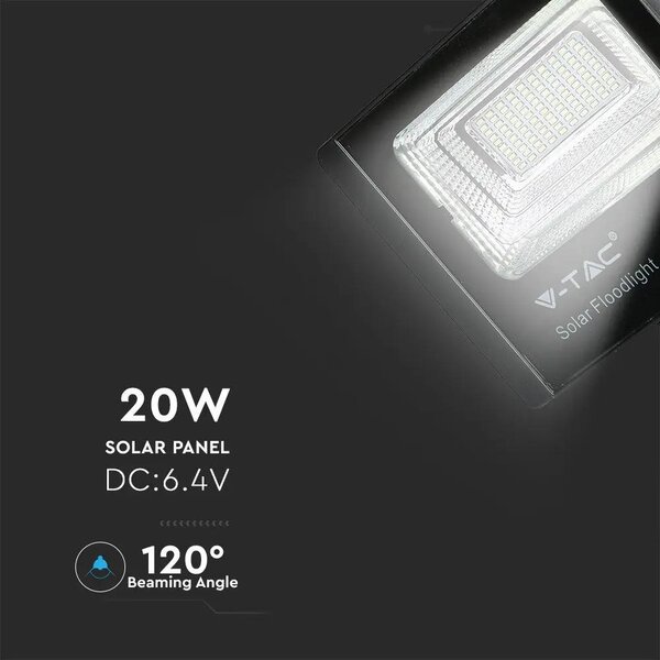 V-TAC napelemes LED reflektor 20W hideg fehér 10000 mAh, fekete házzal - SKU 94010