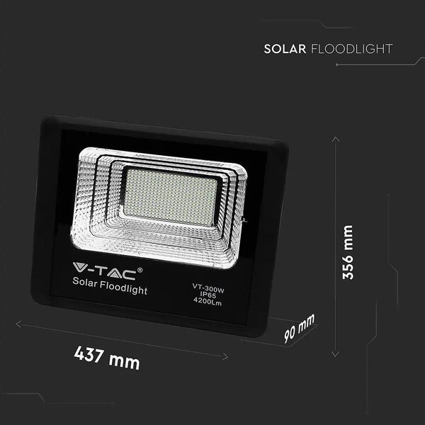 V-TAC napelemes LED reflektor 50W természetes fehér 25000 mAh, fekete házzal - SKU 8578
