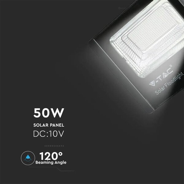 V-TAC napelemes LED reflektor 50W természetes fehér 25000 mAh, fekete házzal - SKU 8578