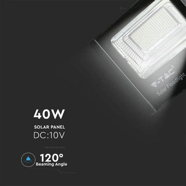 V-TAC napelemes LED reflektor 40W természetes fehér 20000 mAh, fekete házzal - SKU 8577