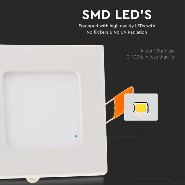 V-TAC süllyeszthető mennyezeti szögletes LED panel 6W meleg fehér - SKU 4863