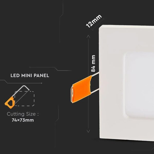 V-TAC süllyeszthető mennyezeti szögletes LED panel 3W hideg fehér - SKU 6297