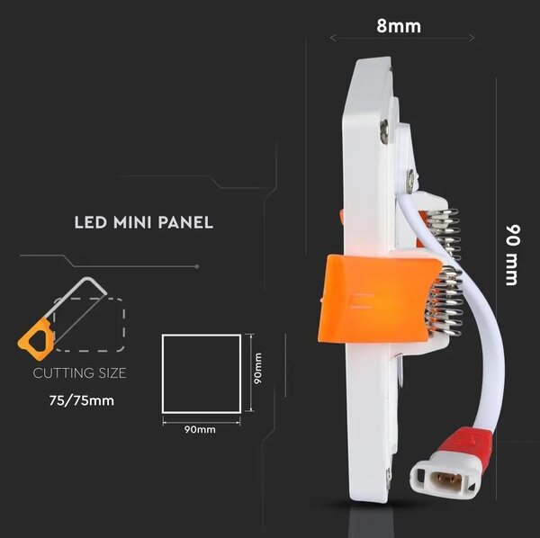 V-TAC süllyeszthető mennyezeti szögletes LED panel vékony kerettel 8W meleg fehér - SKU 4943
