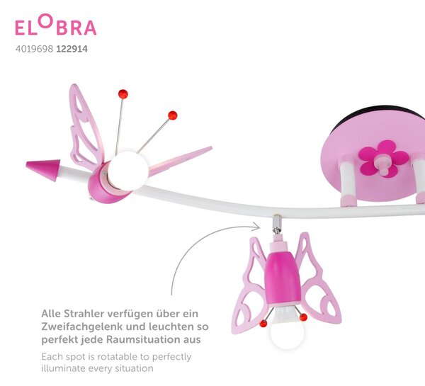 Elobra menny. spot Falter gyermekszoba, 4 égős, dimmelhető, Lila / pink / rózsaszín, Gyermekszoba, Fa