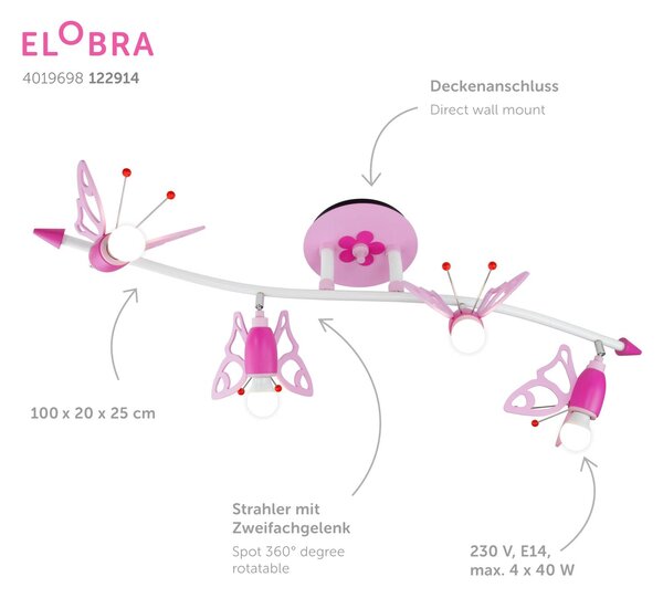 Elobra menny. spot Falter gyermekszoba, 4 égős, dimmelhető, Lila / pink / rózsaszín, Gyermekszoba, Fa