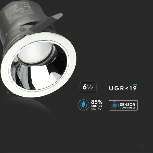 V-TAC süllyeszthető LED COB mélysugárzó lámpa UGR<19 CRI>95 6W természetes fehér - SKU 1480