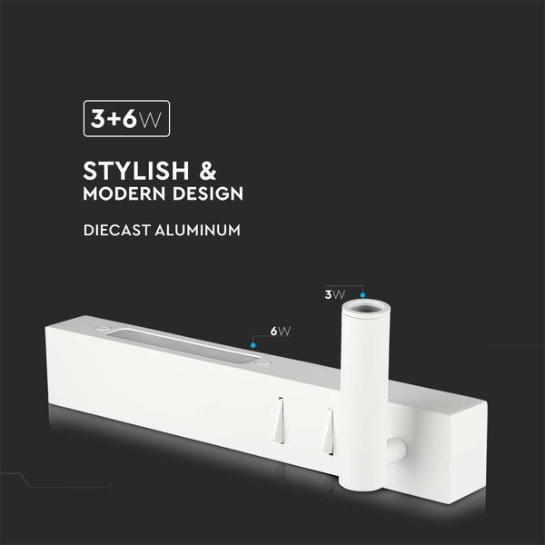 V-TAC fali LED olvasólámpa fehér 3+6W meleg fehér - SKU 211488