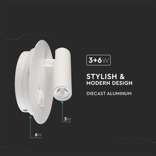 V-TAC fali LED COB olvasólámpa fehér 3+6W meleg fehér - SKU 211489