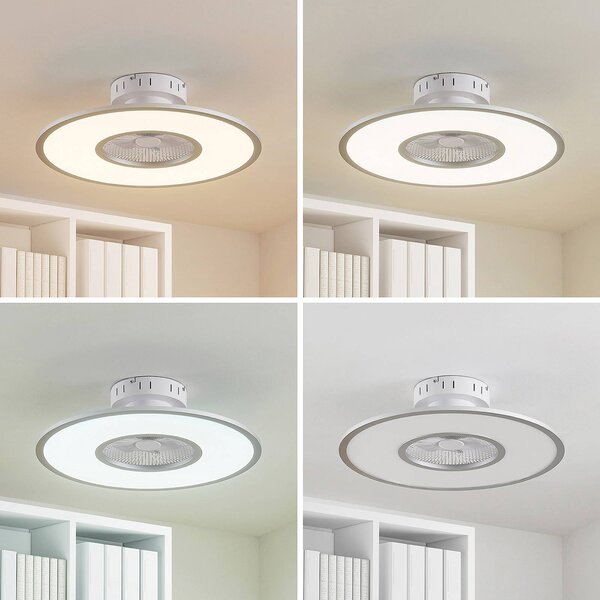 Lindby LED mennyezeti ventilátor Romea, kerek, DC, csendes, 60 cm, dimmelhető, Alu / szürke / cink, Nappali / Étkező, Műanyag, Modern