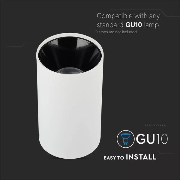 V-TAC GU10 LED falon kívüli lámpatest, fehér+fekete - SKU 8589