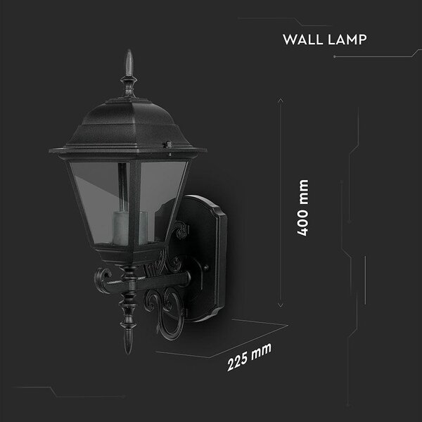 V-TAC régi stílusú 40cm magas kültéri fali lámpa, matt fekete, E27 foglalattal - SKU 7519