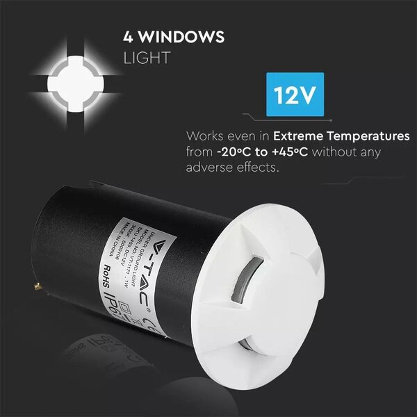 V-TAC 1W 12V kültéri, 4 irányú talajlámpa, fehér, IP67 90°, hideg fehér - SKU 1471