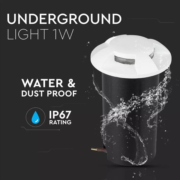 V-TAC 1W 12V kültéri, 4 irányú talajlámpa, fehér, IP67 90°, hideg fehér - SKU 1471