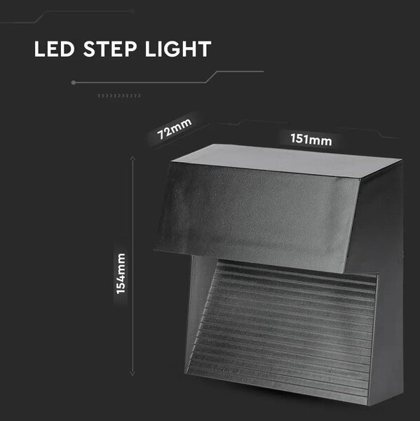 V-TAC 3W fekete LED lépcsővilágítás, szögletes, IP65, meleg fehér - SKU 1398