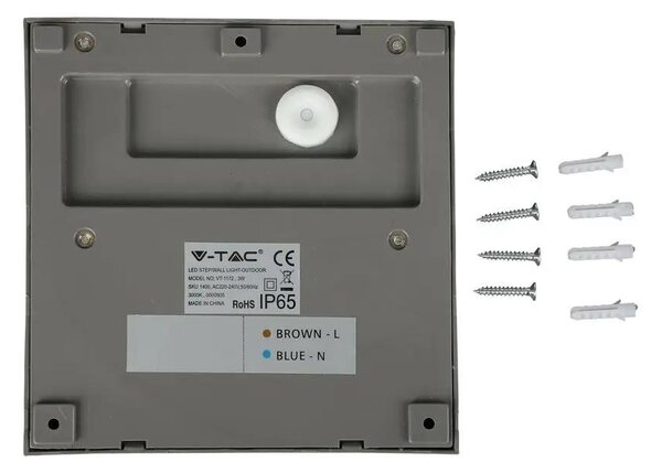 V-TAC 3W szürke LED lépcsővilágítás, szögletes, IP65, meleg fehér - SKU 1400
