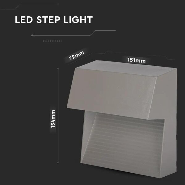 V-TAC 3W szürke LED lépcsővilágítás, szögletes, IP65, meleg fehér - SKU 1400