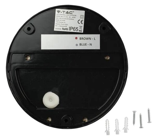 V-TAC 3W fekete LED lépcsővilágítás, kerek, IP65, meleg fehér - SKU 1404