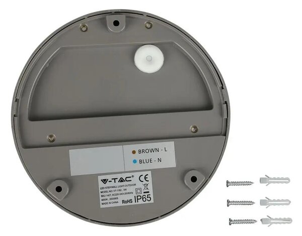 V-TAC 3W szürke LED lépcsővilágítás, kerek, IP65, meleg fehér - SKU 1406