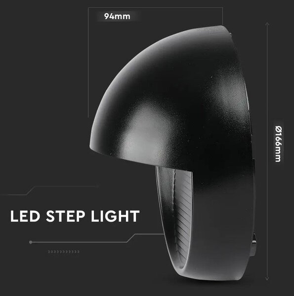 V-TAC 3W fekete LED lépcsővilágítás, kerek, IP65, meleg fehér - SKU 1404