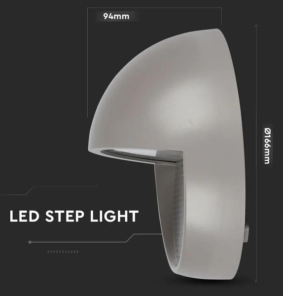 V-TAC 3W szürke LED lépcsővilágítás, kerek, IP65, meleg fehér - SKU 1406
