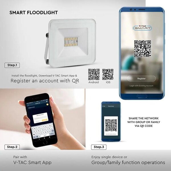 V-TAC 20W, fehér, bluetooth-os okos LED reflektor, RGB+CCT - SKU 5984
