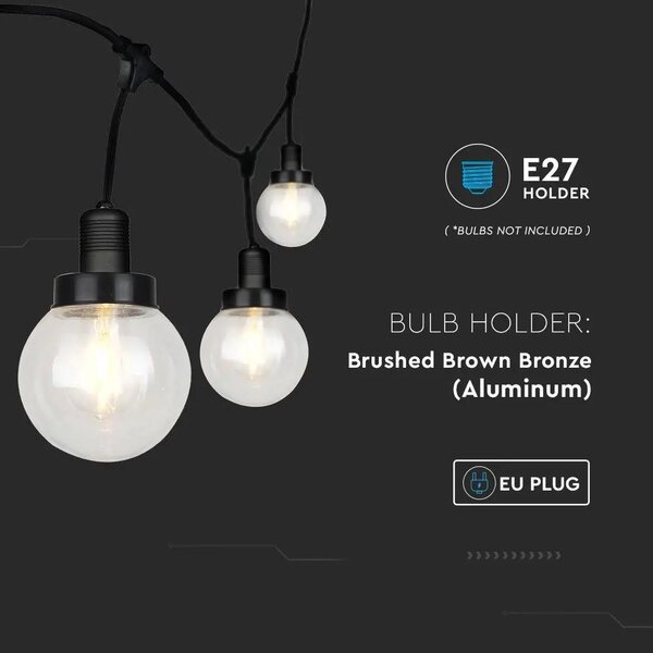 V-TAC 3m, vízálló fényfüzér, 6db, E27 foglalatú lámpával - SKU 8971