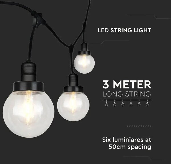 V-TAC 3m, vízálló fényfüzér, 6db, E27 foglalatú lámpával - SKU 8971