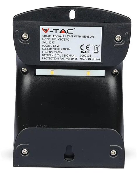 V-TAC napelemes, mozgásérzékelős LED reflektor, fekete, 1.5W természetes fehér - SKU 8277