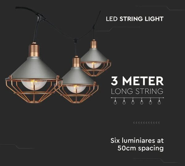 V-TAC 3m, vízálló fényfüzér, 6db, rózsaarany+szürke, E27 foglalatú lámpával - SKU 8975