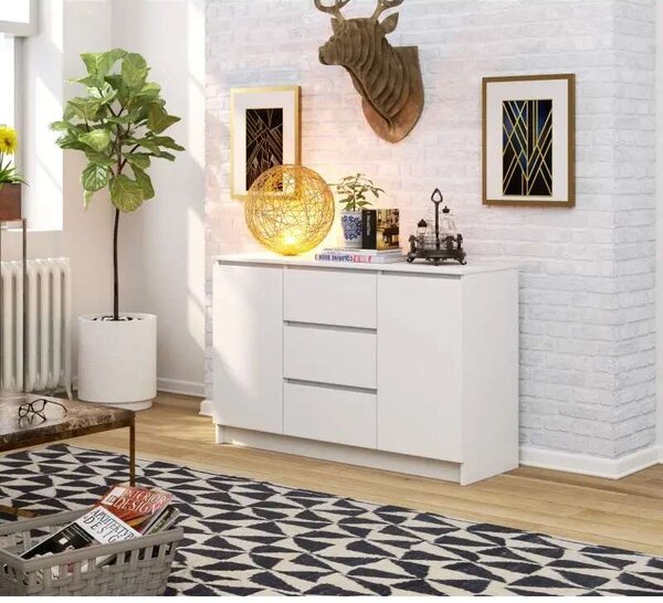 Akord K016 CLP Fehér Komód - 120 cm - 3 Fiókos Tárolóegység