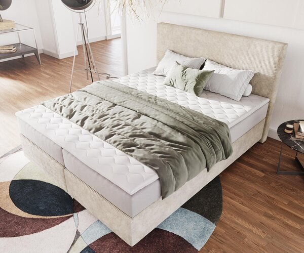 DELIFE Boxspring ágy Dream-Well 160x200 cm kordbársony bézs zsákrugós matraccal és visco topperrel