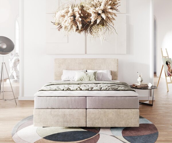 DELIFE Boxspring ágy Dream-Well 160x200 cm kordbársony bézs zsákrugós matraccal és visco topperrel